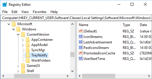 TrayNotify Folder on Registry Editor screen in Windows 10