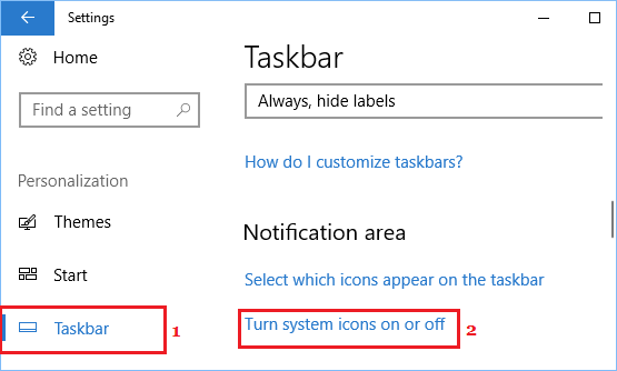 Turn system icons on or off Option in Windows 10