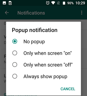 Popup Notifications Settings Screen for WhatsApp on Android Phone