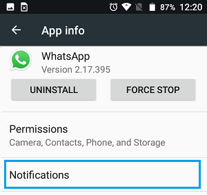 Notifications Option on WhatsApp App Info Screen on Android Phone