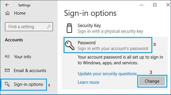 Change Password Option in Windows 10