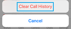 Clear Call History Pop-up in WhatsApp on iPhone