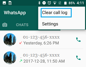 Clear call log option in WhatsApp On Android Phone