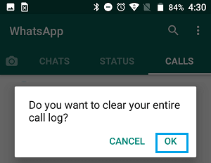 Clear Entire Call Log Pop-up in WhatsApp on Android Phone
