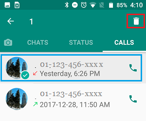 Delete Individual or Specific Call Log in WhatsApp on Android Phone
