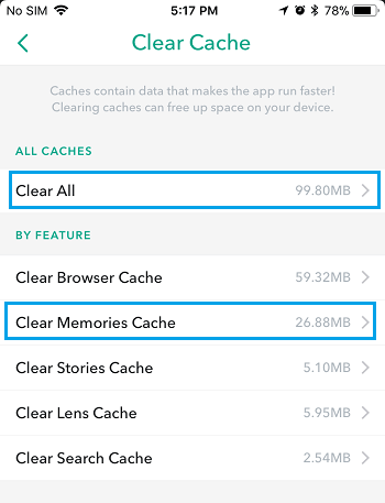 Clear Cache Screen in Snapchat