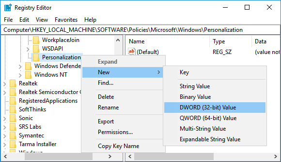 Create New DWORD in Personalization Key 