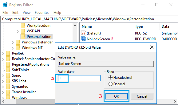 Disable Lock Screen in Windows 10 Using Registry Editor Screen