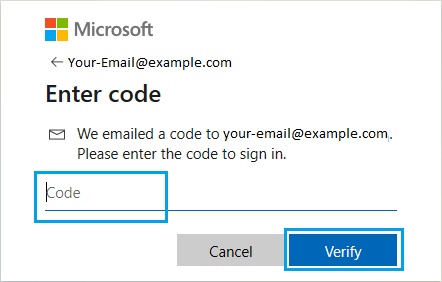 Enter Security Code to Verify Microsoft Account