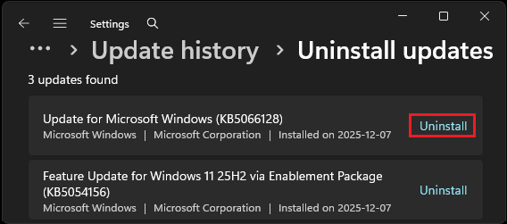List of Uninstallable Updates in Windows