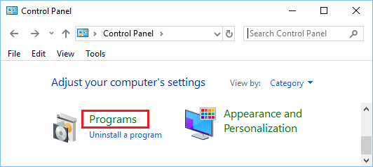 Programs Option in Windows 10 Control Panel Screen