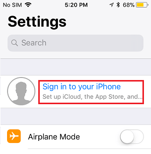 Sign In to Your iPhone Link on iPhone Settings Screen