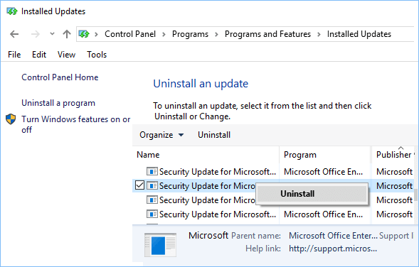 Uninstall Windows Update