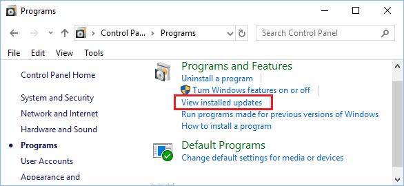 View Installed Updates Option in Windows 10 Control Panel