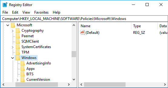 Windows Folder in Windows 10 Registry Editor Screen