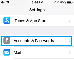 Accounts & Passwords Option on iPhone Settings Screen