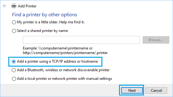 Add Printer Using TCP/IP Address or Hostname Option in Windows