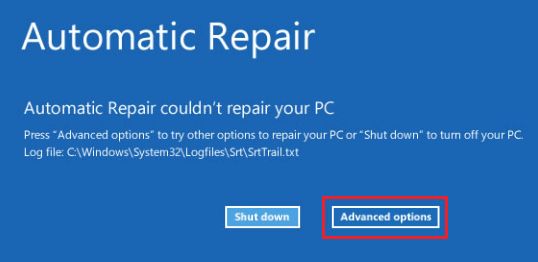 Advanced Startup Option on Windows Automatic Repair Screen