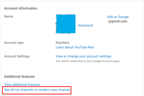 See all my channels or create a new channel link in YouTube