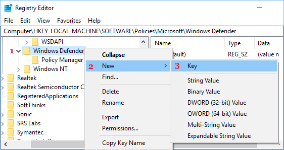 Create New Key in Windows Defender Registry 