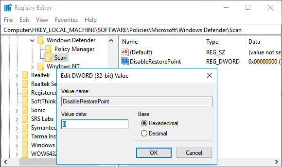 Edit DisableRestorePoint DWORD Value in Windows 10