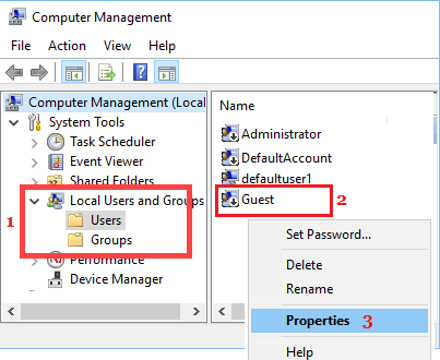 Local Users and Groups on Computer Management Screen