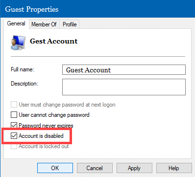 Disable User Account Using Computer Management in Windows 10