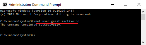 Disable User Account Using Command Prompt in Windows 10