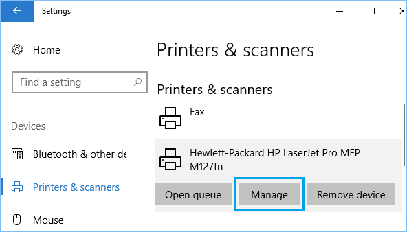 Manage Printer Option in Windows 10