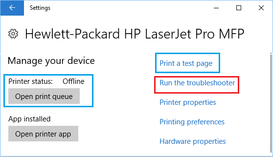 Manage Printer Screen in Windows 10