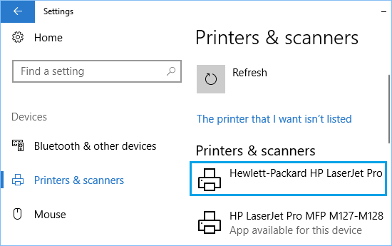 Available List of Printers in Windows 10