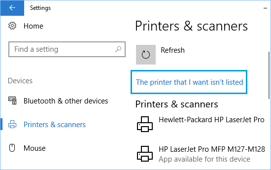 The Printer that I want isn't listed Link in Windows 10.