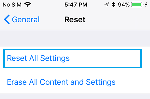 Reset All Settings Option on iPhone