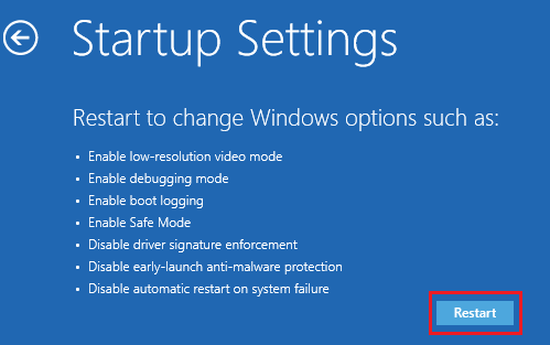 شاشة إعدادات بدء التشغيل في نظام التشغيل Windows 10