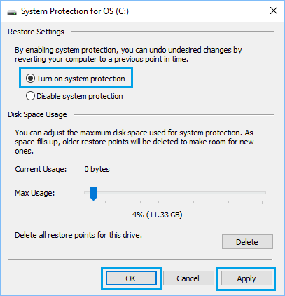 Turn On System Protection in Windows 10