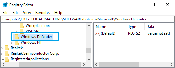 Navigate to Windows Defender Registry in Windows 10