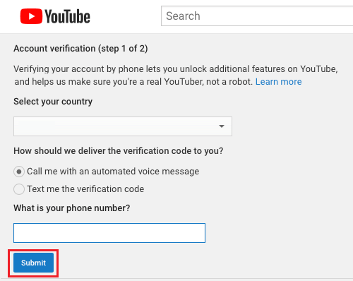 YouTube Account Verification Page