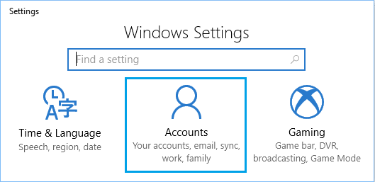 Accounts Tab on Windows Settings Screen