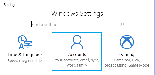 Accounts Option on Windows Settings Screen