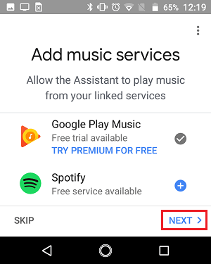 Add Music Services Screen in Google Home App