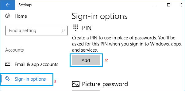 Add PIN Password Option in Windows 10