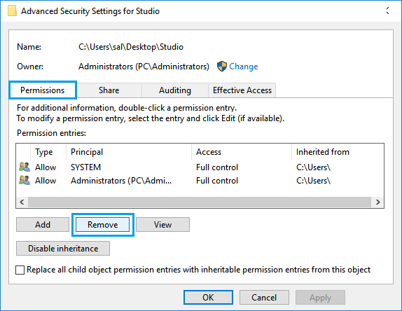 Permissions Tab on Advanced Security Settings Screen