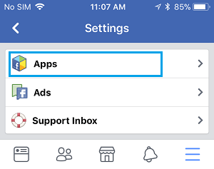 Apps Option on Facebook Settings Screen