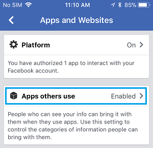 Apps and Websites Setting Screen in Facebook