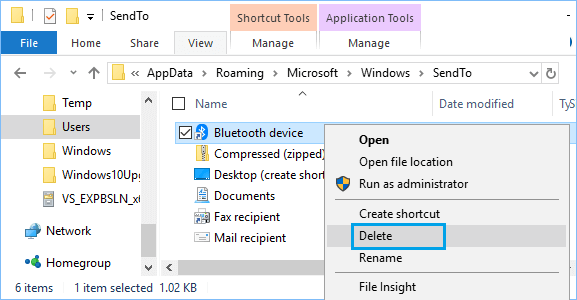 Bluetooth Device File in Users SendTo Folder in Windows 10 