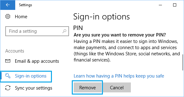 Confirm to Remove PIN Sign-in Option in Windows 10