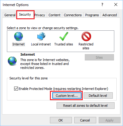 Security Tab and Custom Level Options in Internet Explorer