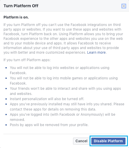 Disable Data Sharing Platform in Facebook