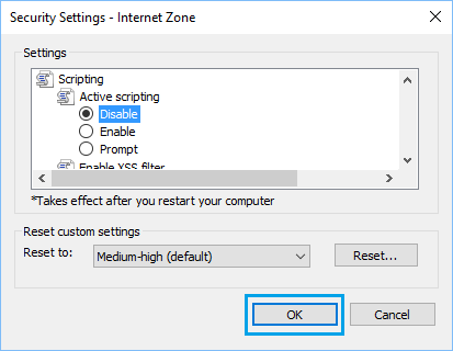 Disable JavaScript in Internet Explorer