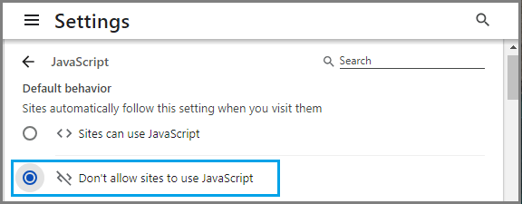 Don't allow sites to use JavaScript option in Google Chrome